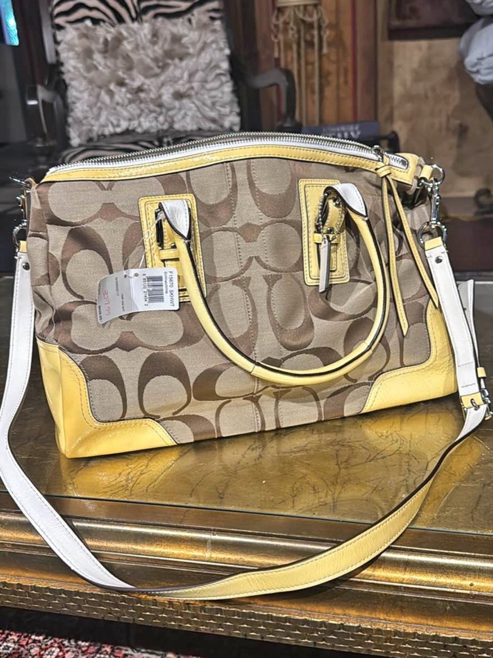 Coach Signature Satchel with Yellow Leather Trim and White Strap